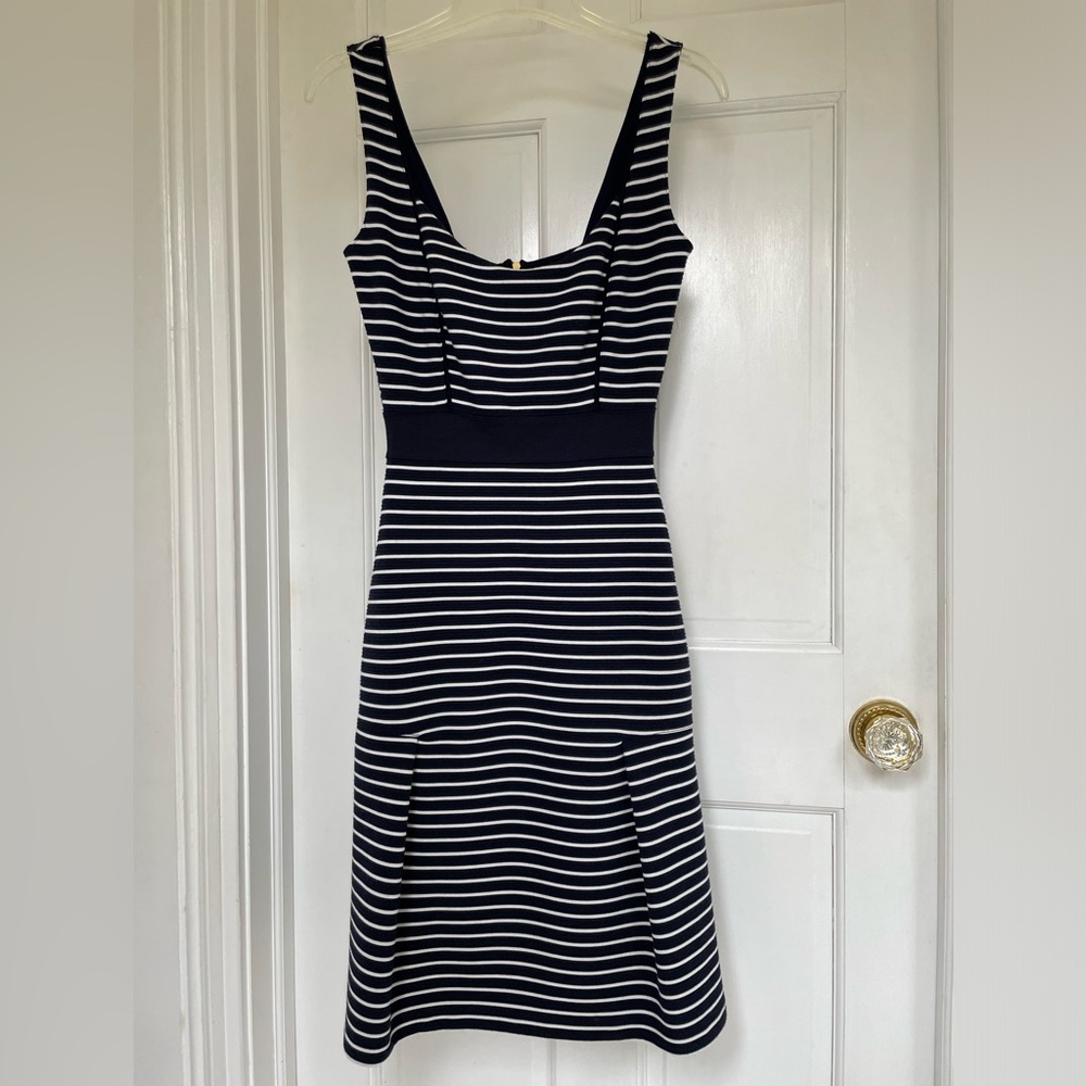 Flirty, navy blue and white striped fitted dress by French connection size 2